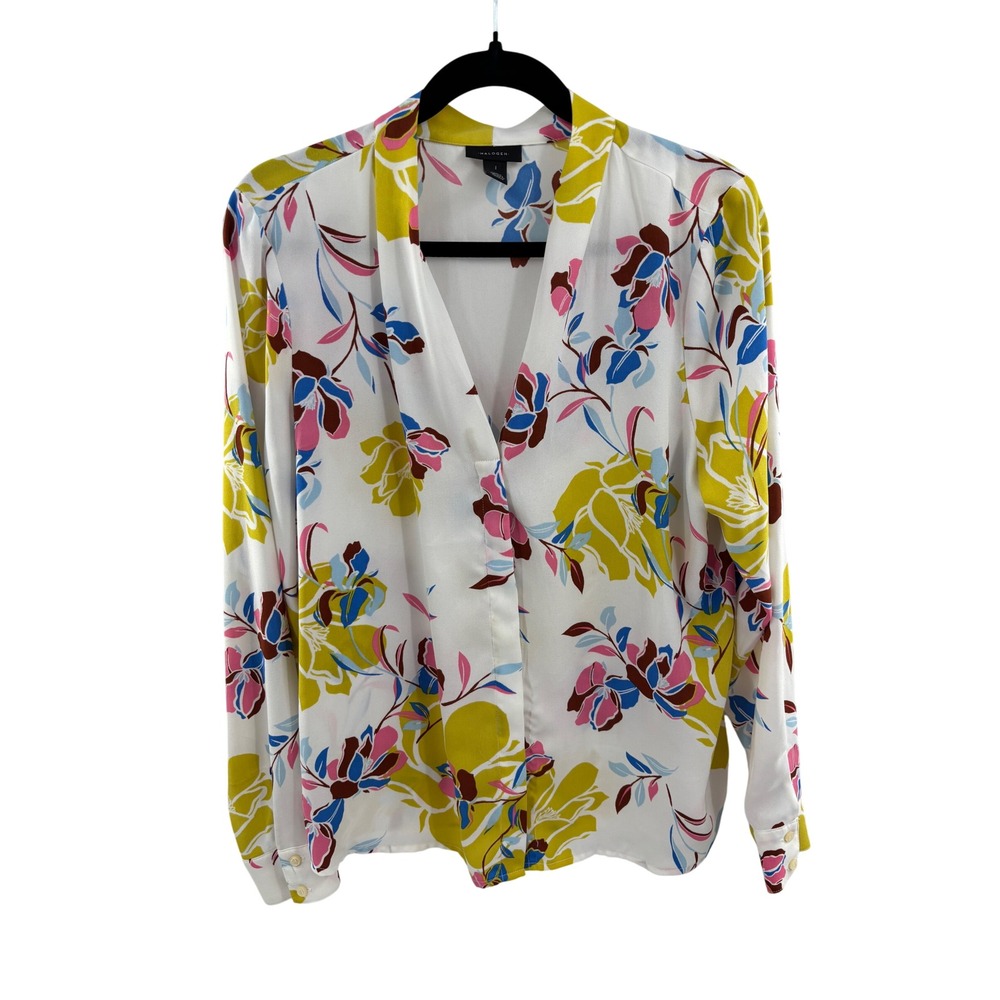 Halogen Womens White Floral V-Neck Long Sleeve Blouse Size 1X